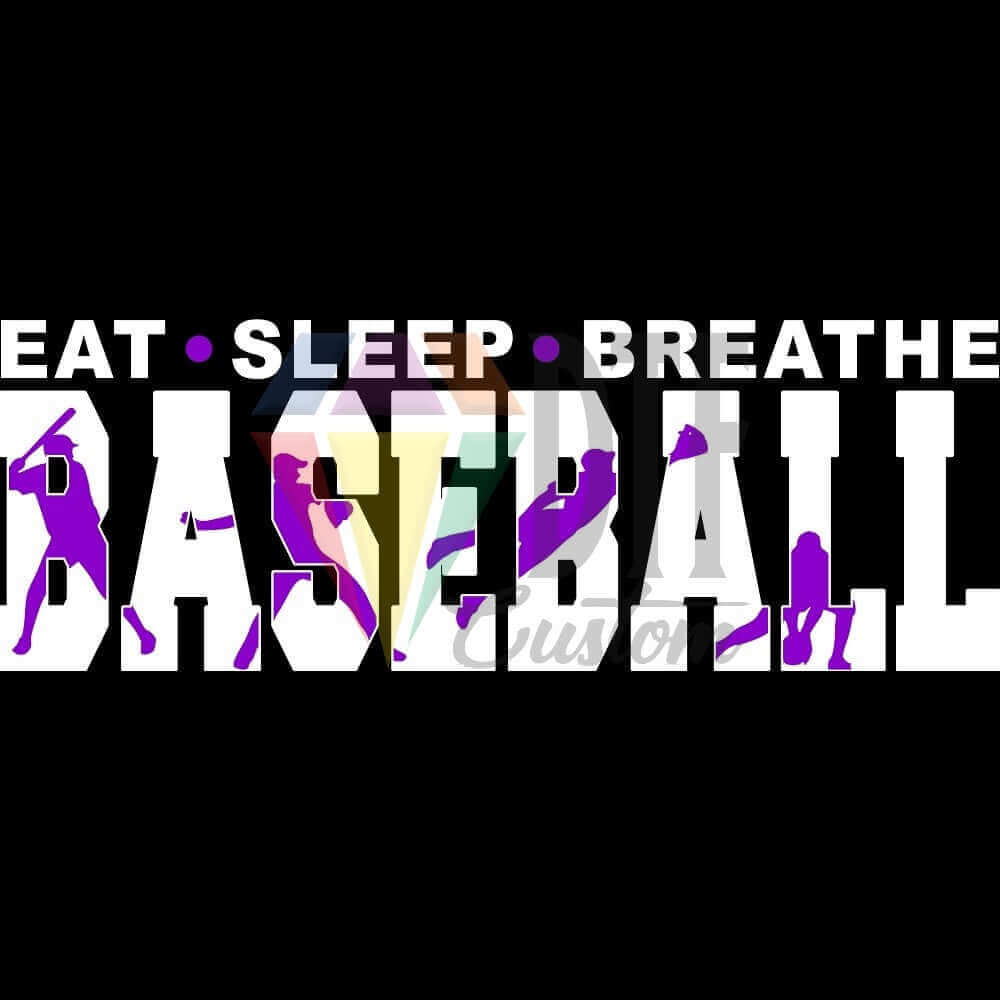 Eat Sleep Breathe Baseball White and Purple DTF transfer design
