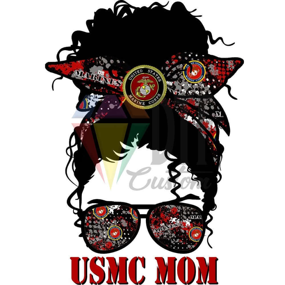USMC Mom Curly Messy Bun DTF transfer design